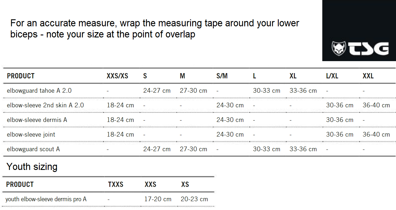 TSG elbowpad sizing chart - Elite BMX Shop